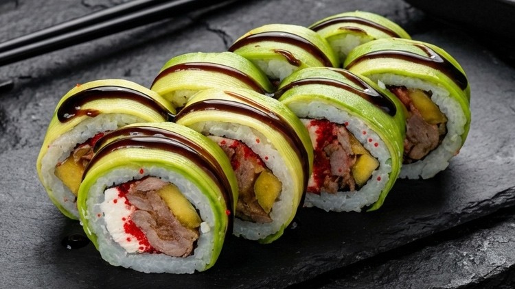 Авокадо рол з смаженим лососем та манго